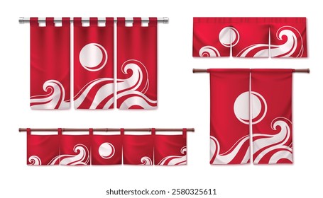 Japanese curtain set - red noren panels with white wave and sun pattern on mounting rods, traditional textile dividers. Oriental room decoration elements for sushi restaurant, asian interior design.