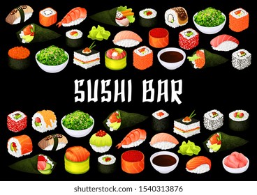 japanische Sushi-Bar, Brötchenabdeckung. Vektor-Japanische Nigiri-Sushi, Tempaki oder Uramaki und Futo-maki-Rollen, oshidzushi von Fisch und Meeresfrüchten-Sushi in Reis und Algen