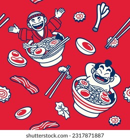 Japanese cute cartoon bath in ramen seamless pattern