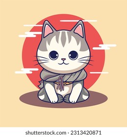 Japanese cute cat vector illustration with sun background