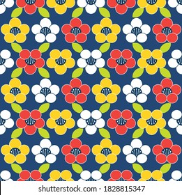 Japanese Cute Colorful Flower Vector Seamless Pattern