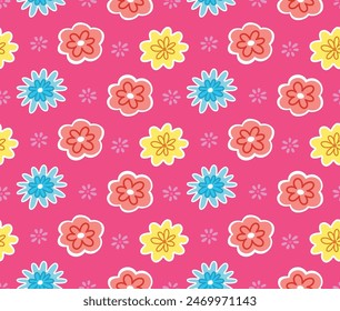 Japanese Cute Colorful Flower Vector Seamless Pattern