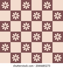 Japanese Cute Flower Checkered Vector Seamless Pattern