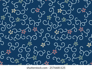 Japanese Cute Flower Curl Vine Vector Seamless Pattern
