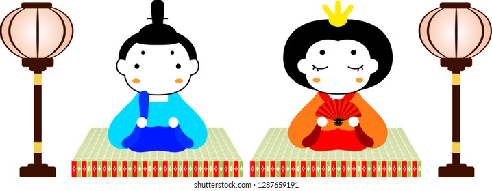 Japanese cute Hina dolls on tatami sheet with paper lantern