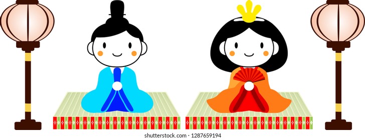 Japanese cute Hina dolls on tatami sheet with paper lantern