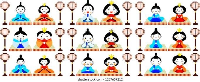 Japanese cute Hina dolls on tatami sheet with paper lantern set