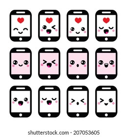 Caracter kawaii mono japonés - iconos de teléfonos móviles o celulares establecidos