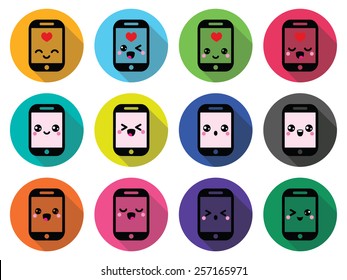 Japanese cute Kawaii character - mobile or cell phone icons set