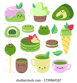 Japanese cute matcha tea set. Matcha powder, macarons, ice cream, mochi, cake, drink, leaves. Vector illustration