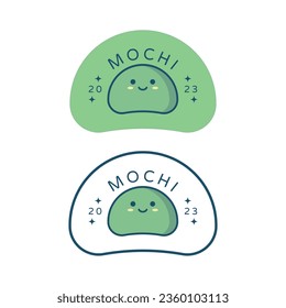 Logo del vector de comida japonés Cute Mochi dulce con estrellas. Etiqueta de diseño plano de caracteres Ilustración, sello, insignia para embalaje, identidad de marca, papel tapiz, web, cartel, tarjeta.