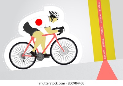 Japanese cyclist riding upwards to finish line vector isolated illustration