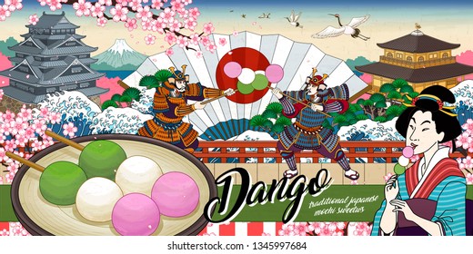 Japanese dango ads with ukiyo-e style character and street scene