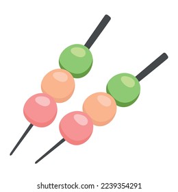 Japanischer Dango Dessert mit 3 verschiedenen Farben. Dango-Vektorgrafik auf weißem Hintergrund.