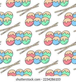 Japanese dango dumplings seamless pattern. Asian food background. Print traditional sweet dish of japan. Repeat model for textile, packaging, paper and product design vector illustration