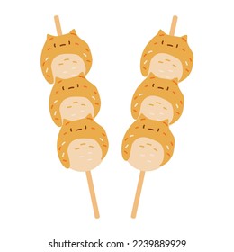 Japanese Dango Rice Balls in the shape of a cat. Asian food. Vector illustration on a white background for restaurants, menus, decor