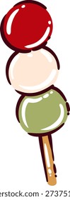 Japanese dango skewer with three rice dumplings in red, white and green glaze. Traditional street dessert from Japan in hand drawn cartoon style, vector illustration.
