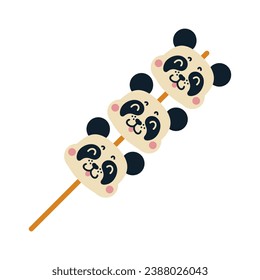 Japanese dango vector icon. Cute panda cake made from rice flour. Sweet Asian dessert on a stick. Kawaii sweets, tasty snack. Illustration isolated on white. Flat cartoon clipart for print, web, menu