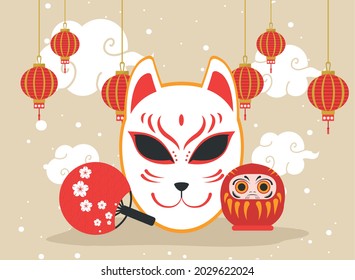 japanese daruma doll and cat with decoration