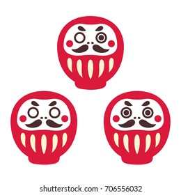 Japanese Daruma doll, set of three: one-eyed, with both eyes and without. Traditional Zen buddhist good luck holiday gift. Simple vector illustration.