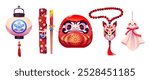 Japanese daruma toy and accessories set isolated on white background. Vector cartoon illustration of paper lantern, wooden sticks, traditional asian doll, cat sign on bracelet, travel souvenirs
