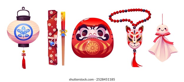 Conjunto de juguetes y accesorios de daruma japonés aislado sobre fondo blanco. Ilustración de dibujos animados de Vector de linterna de papel, palos de madera, muñeca asiática tradicional, signo de gato en la pulsera, recuerdos de viaje