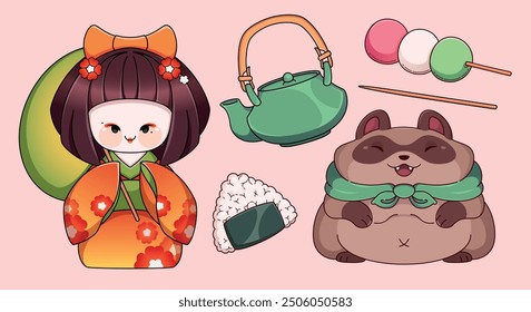 Japanese daruma toys set isolated on background. Contemporary vector cartoon illustration of geisha doll, fat hamster, kettle for traditional tea ceremony, asian cuisine snacks on stick, rice cracker