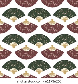 Japanese decorative fans seamless pattern. Floral ornament.