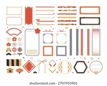 Marco decorativo japonés y conjunto de etiquetas de texto. adorno de patrón tradicional para el año nuevo y diseño de saludo.
