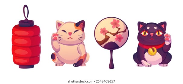 Japanese decorative items - red paper lantern, lucky Maneki neko cats with waving paw in light and dark shades, hand held fan with cherry blossom branch image. Traditional good fortune Asian symbols.