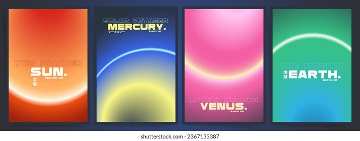 Japanese Decorative Text Means - Sun, Mercury, Venus, Earth. Futuristic Space Gradient Poster Set. Neon Cyberpunk Galaxy and Digital Cosmos Aesthetics. Vector Minimalistic Solar System Design.