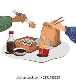 Japanese delivery  food. arms with chopstick for restaurant menus and posters. delivery sites vector flat illustration isolated on white background. sushi rolls onigiri soy sauce set. stock picture.