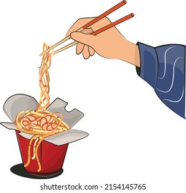Japanese delivery food. arms with chopstick for restaurant menus and posters. delivery sites vector flat illustration isolated on white background. sushi rolls ramen wok. stock picture.