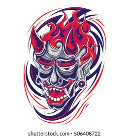 Japanese demon face with dagger and tribal tattoo design