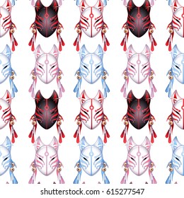 Japanese demon fox mask in red, pink and blue colors. Vector seamless pattern