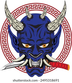 Japanese Demon Ghost With Knife On His Mouth Oni Mask Vector