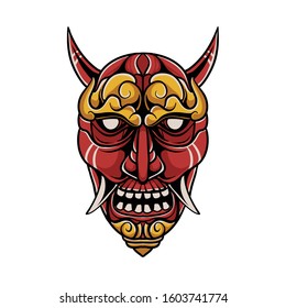 Japanese demon mask illustration. Kabuki Mask clip art on white background. Traditional Japanese Mask of evil for tshirt design, sticker, merchandise, or poster