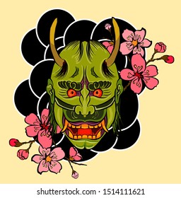 Japanese demon mask. Japan tattoo vector style. Hand drawn Mask and sakura flower on background.