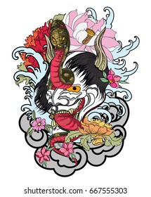 Japanese Demon mask with king cobra tattoo design.hand drawn Oni mask with chrysanthemum flower and koi fish with lotus tattoo.coloring book japanese style.Traditional asian tattoo art.