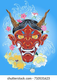 Japanese demon mask with Lotus,chrysanthemum,peony and cherry flower tattoo. Japanese traditional tattoo design.hand drawn Oni mask with cherry blossom