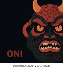 Japanese demon mask Oni. Colorful vector illustration on dark background.