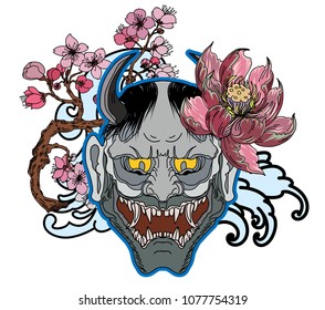 Japanese demon mask with peony and Cherry blossom on wave tattoo.Hanya mask and scary tattoo.