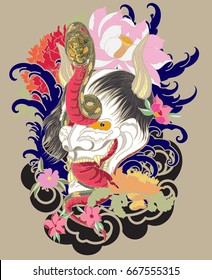 Japanese Demon mask tattoo design.hand drawn Oni mask with chrysanthemum flower and koi fish with lotus tattoo.coloring book japanese style.Traditional asian tattoo art.