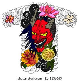 Japanese Demon mask tattoo.lotus with marigold flower and Peony flower on cloud.Traditional Japanese culture for printing and coloring book on background.