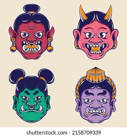 japanese demon mask vector  set  