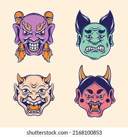 japanese demon mask vector set