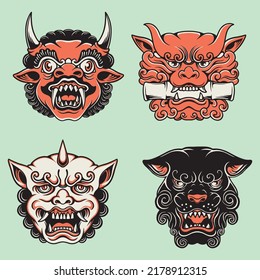 japanese demon mask vector set