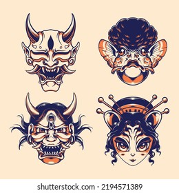 japanese demon mask vector set