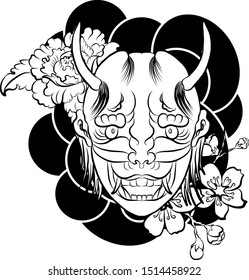 Japanese demon mask.Design illustration for printing on t-shirt and sticker.Japan tattoo vector style.Hand drawn mask and sakura,peony flower on background.