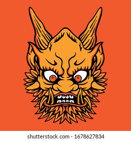 Japanese demon mythology god creature head with horn and sharp teeth, yellow colors and orange bavkgroun vector illustration icon